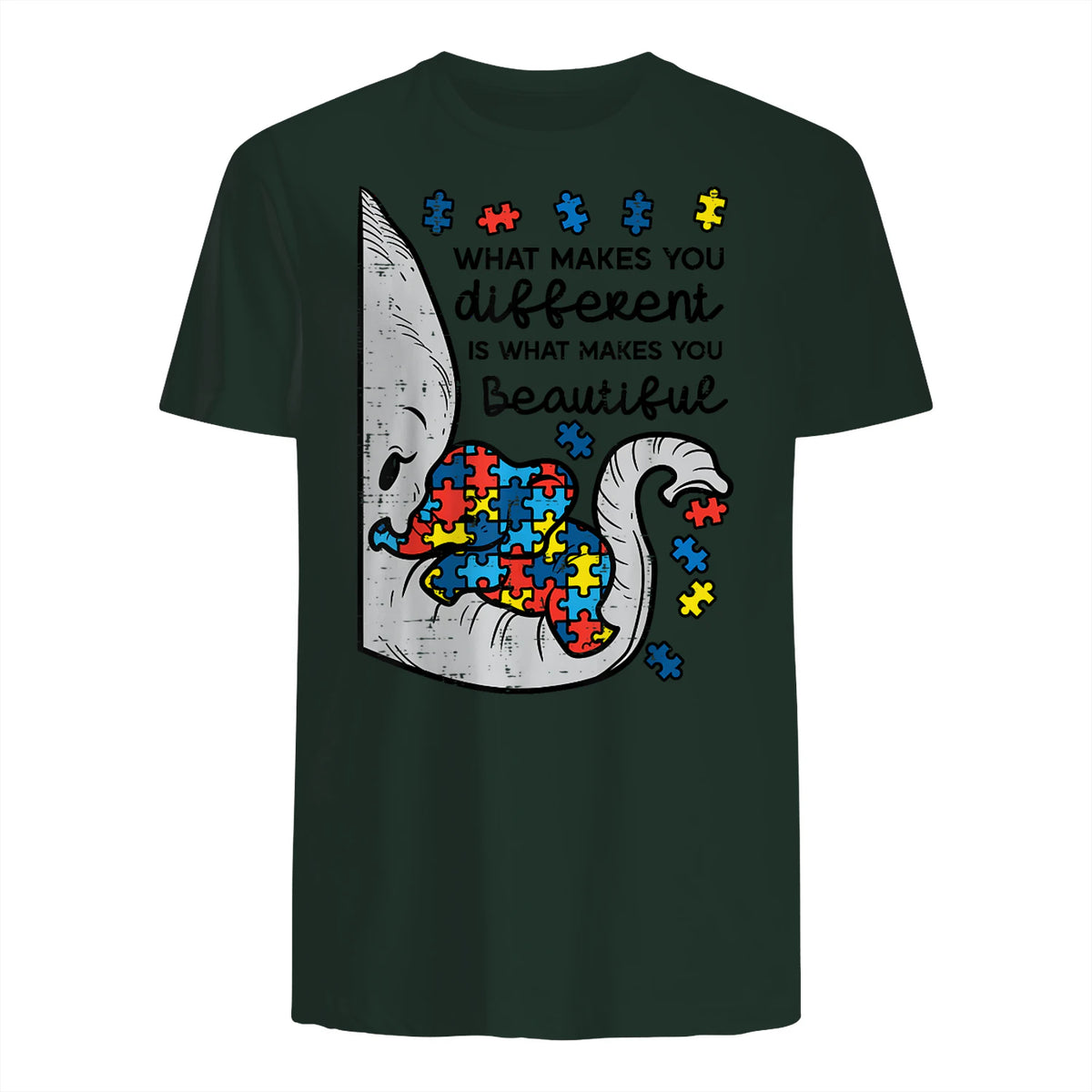 What Makes You Different Autism Awareness T-Shirt in Forest Green - back view