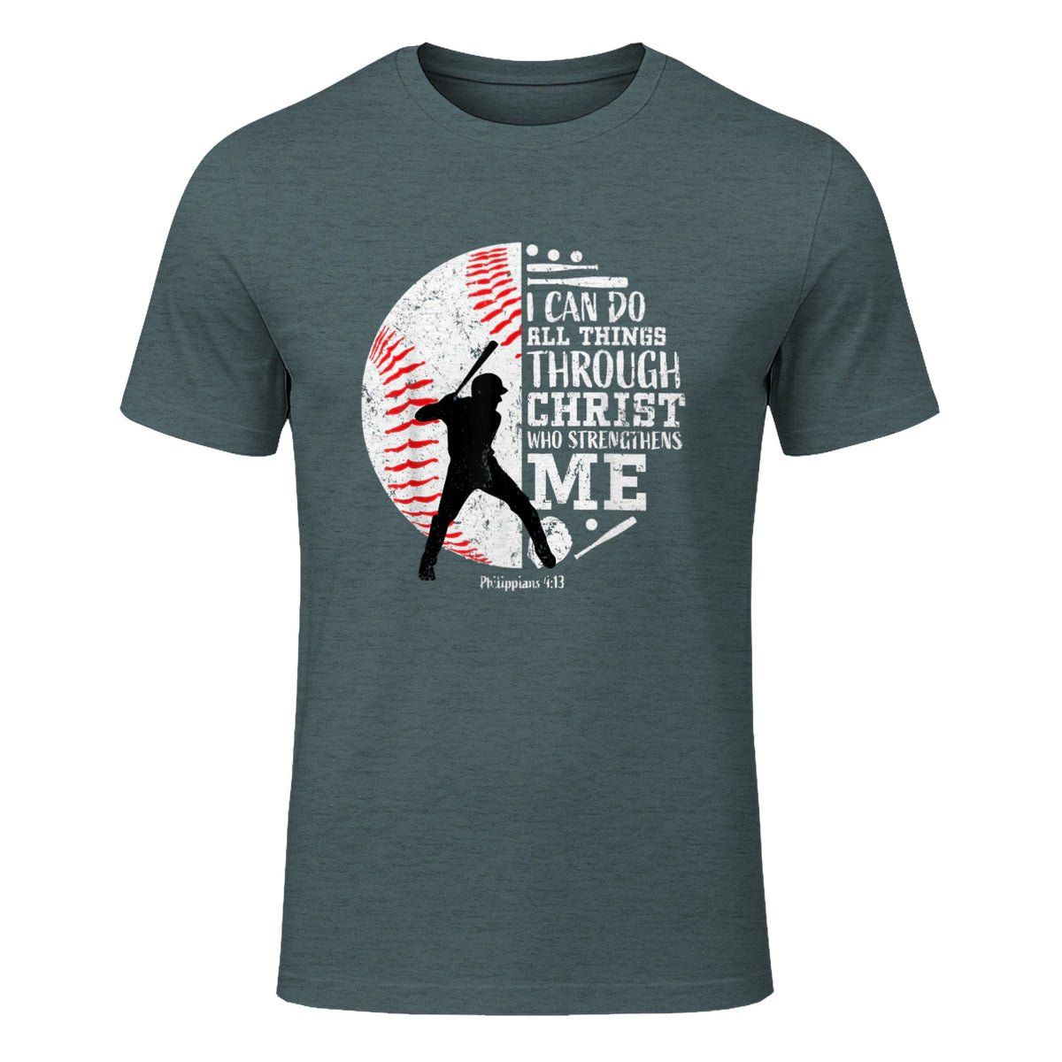 Philippians Four Thirteen Baseball Player Graphic with Bible Verse T-Shirt in Dark Heather - front view