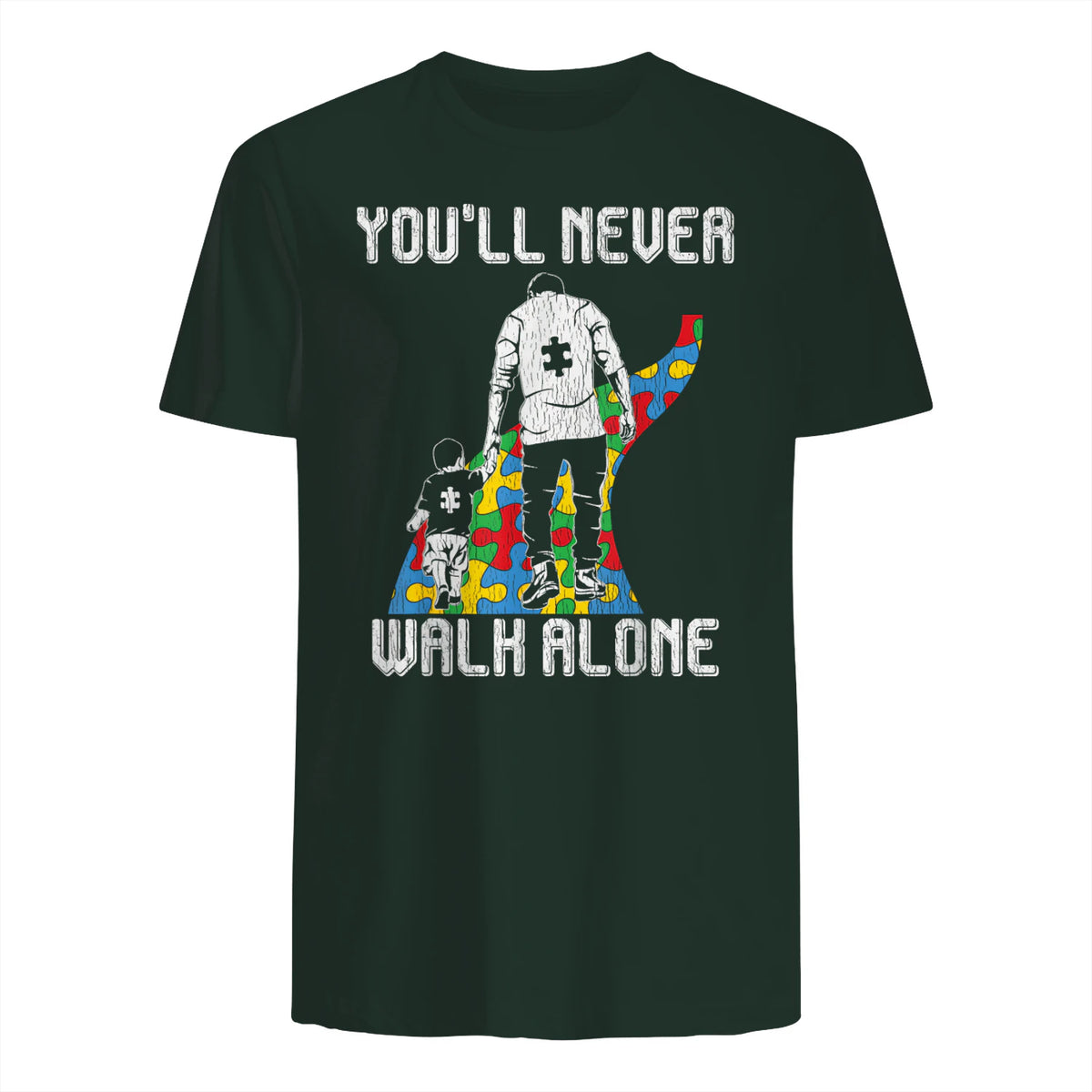 Vintage Father Son Family Autistic Kids Autism Awareness Dad in Forest Green - back view