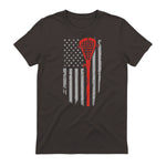 Vintage American Flag Lacrosse Youth Apparel, Boys Men USA T-Shirt in Dark Chocolate - back view