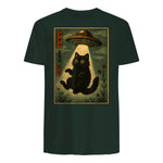 Vintage Japanese Cat Alien Cat Mom UFO Abduction Graphic T-Shirt in Forest Green - back view