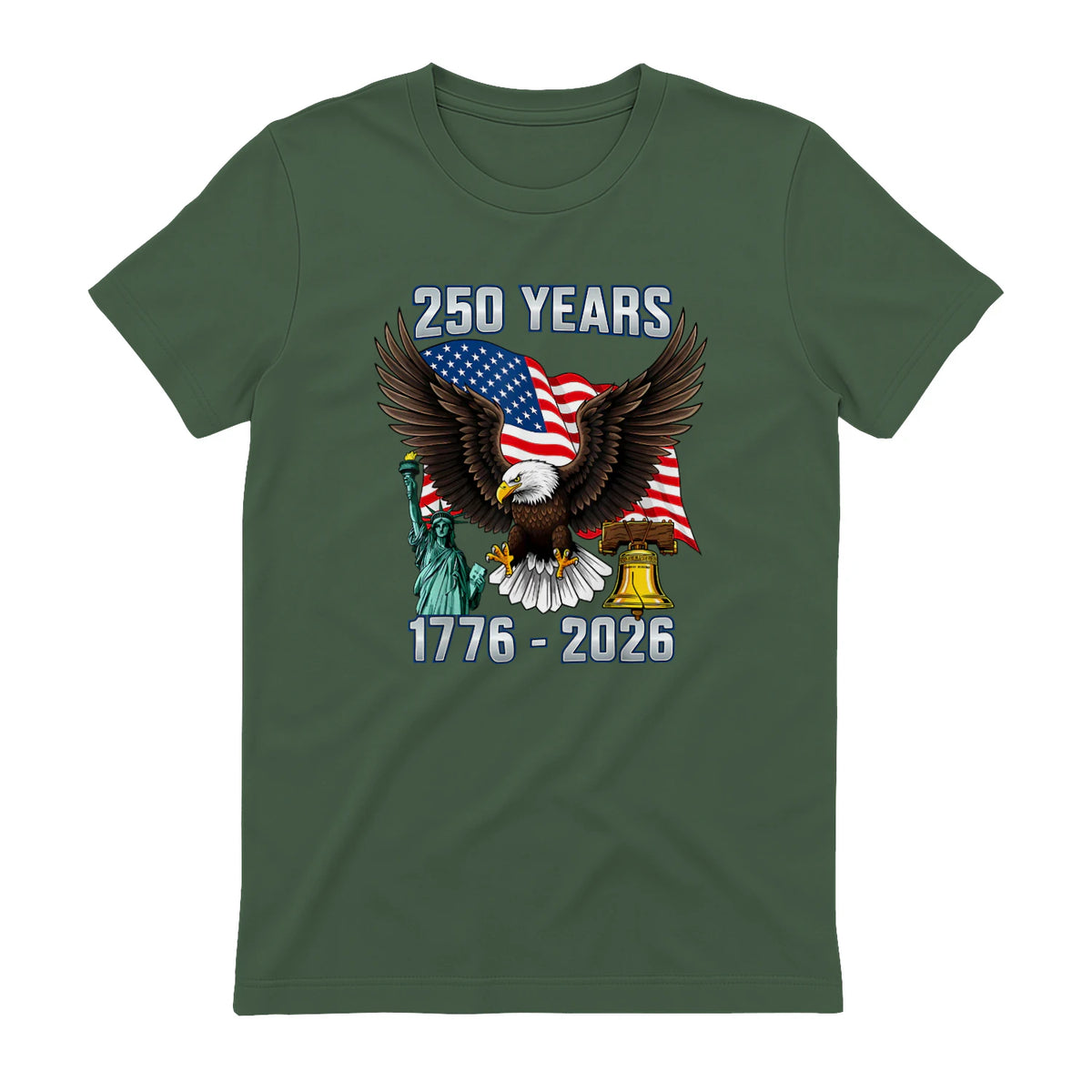 American Flag Fourth of July Anniversary T-Shirt in Military Green - back view
