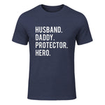 Husband daddy protector hero T Shirt cool father dad tee in Heather Navy - front view