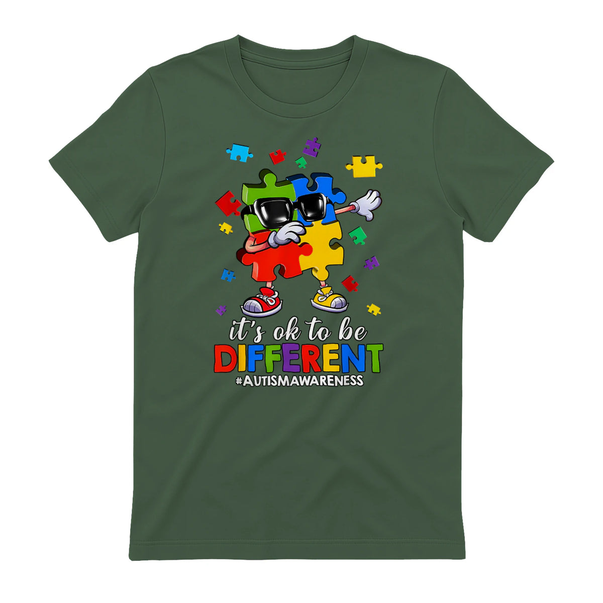It's OK to Be Different Dabbing Puzzle Autism Awareness Kids in Military Green - back view