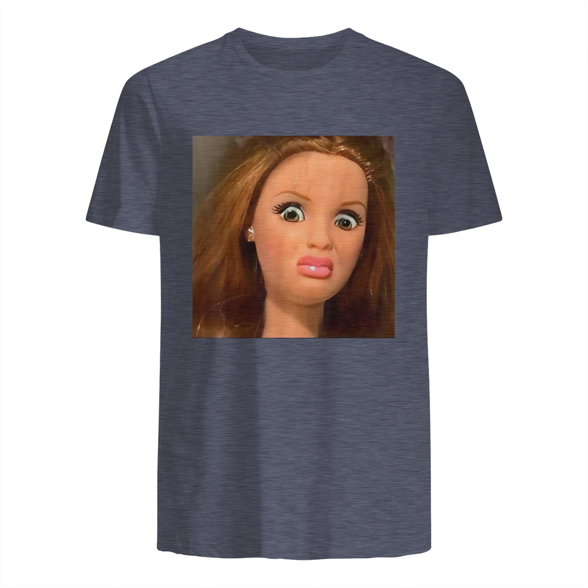 Funny Doll Face Meme Expression Hilarious Sarcastic in Heather Navy - back view