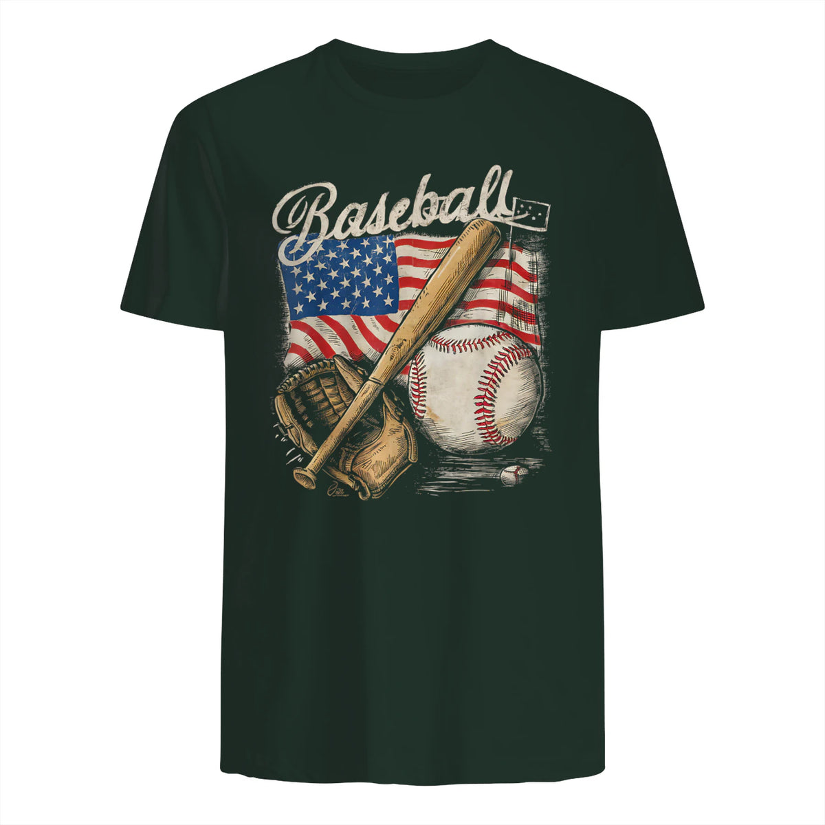American Flag Baseball Player Bat Fan Catcher Pitcher USA T-Shirt in Forest Green - back view