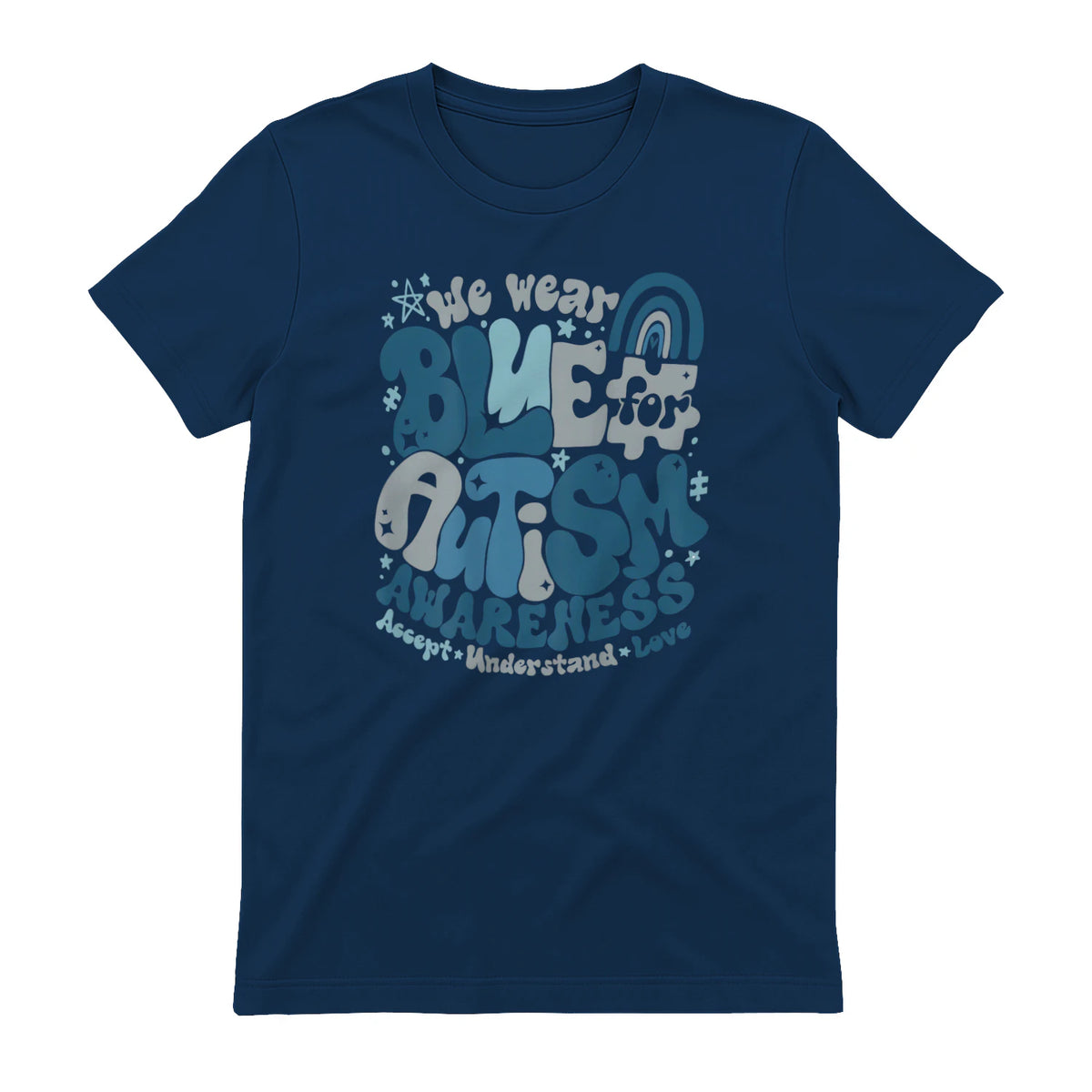 In April We Wear Blue Autism Awareness T-Shirt in Navy - back view