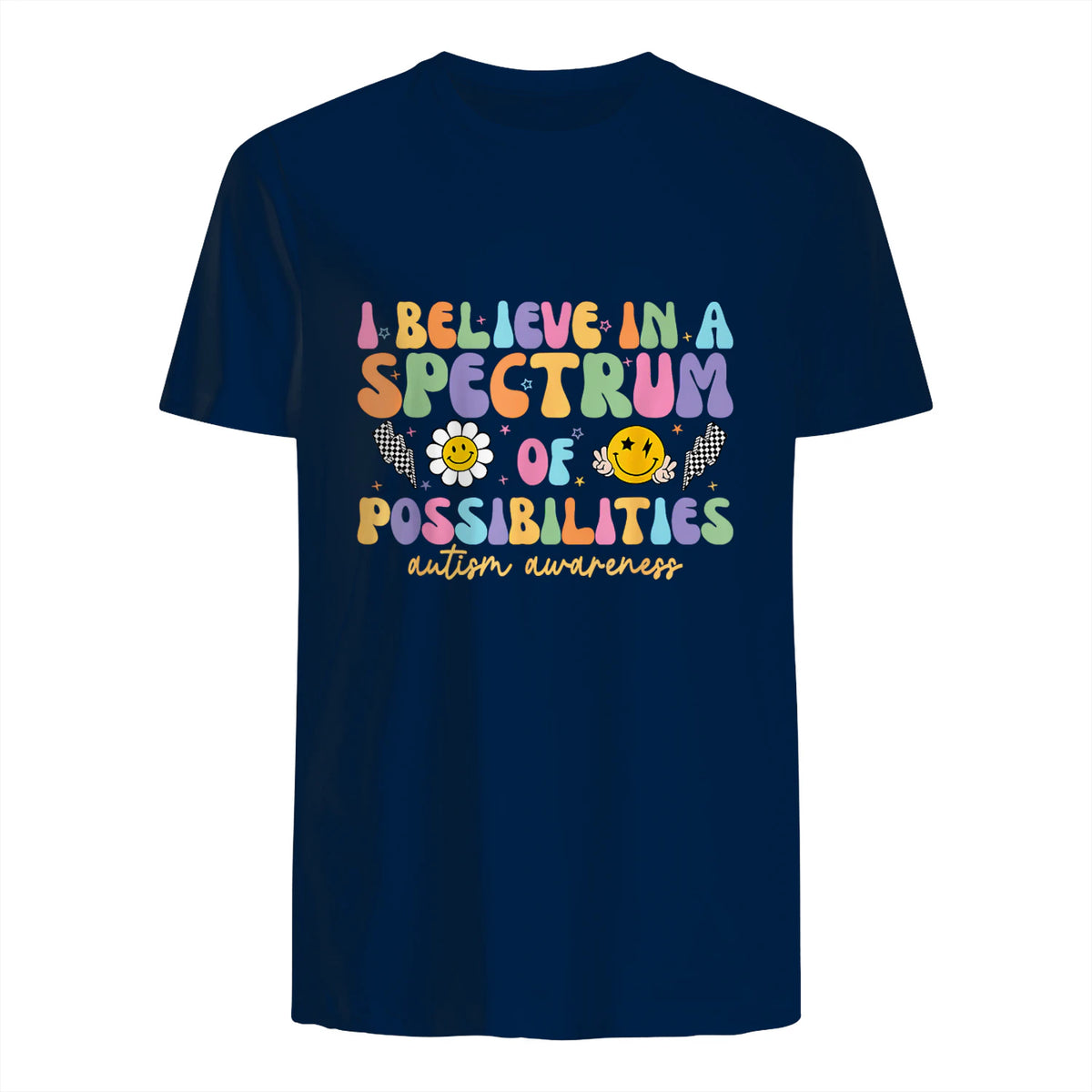 I Believe in A Spectrum of Possibilities Autism Awareness in Navy - back view