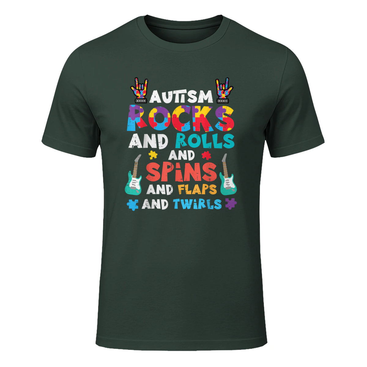 Autism Rocks Rolls Spins Flaps Awareness Boys Kids Women Men in Forest Green - front view