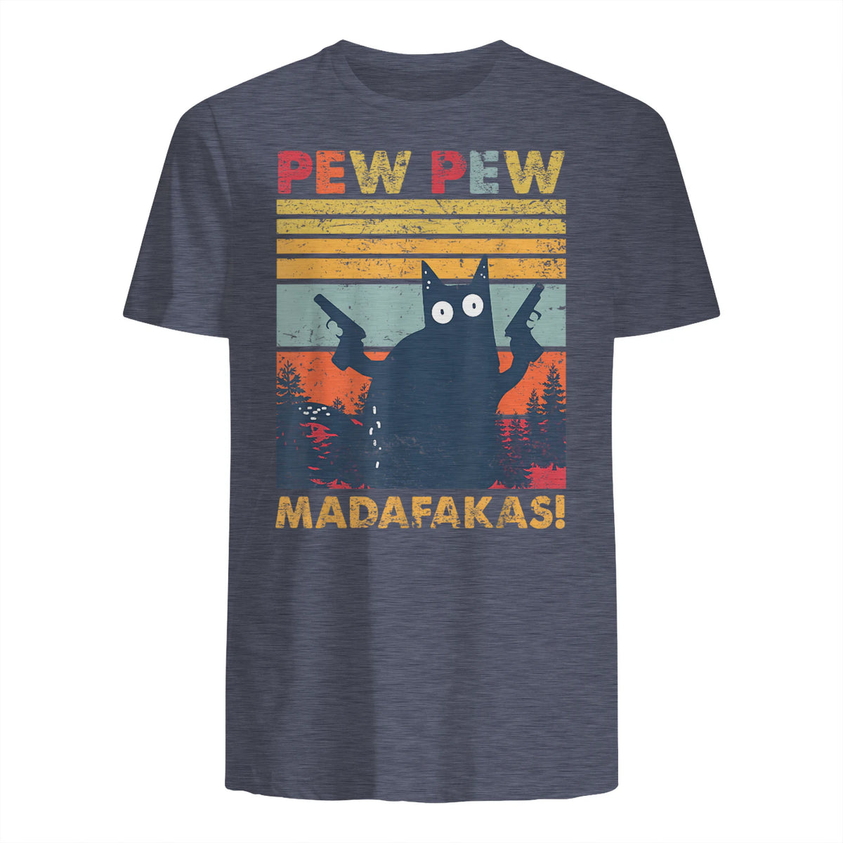 Pew Pew Madafakas Vintage verrückte Katze lustige Grafik in Heather Navy - back view