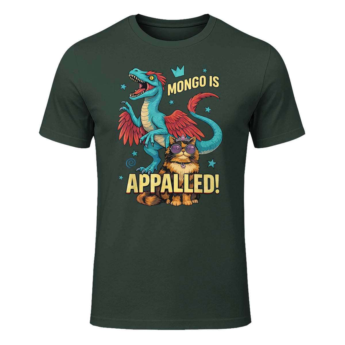 Retro Mongo is Appalled Princess Cat Riding Dinosaur Womens T-Shirt in Forest Green - front view