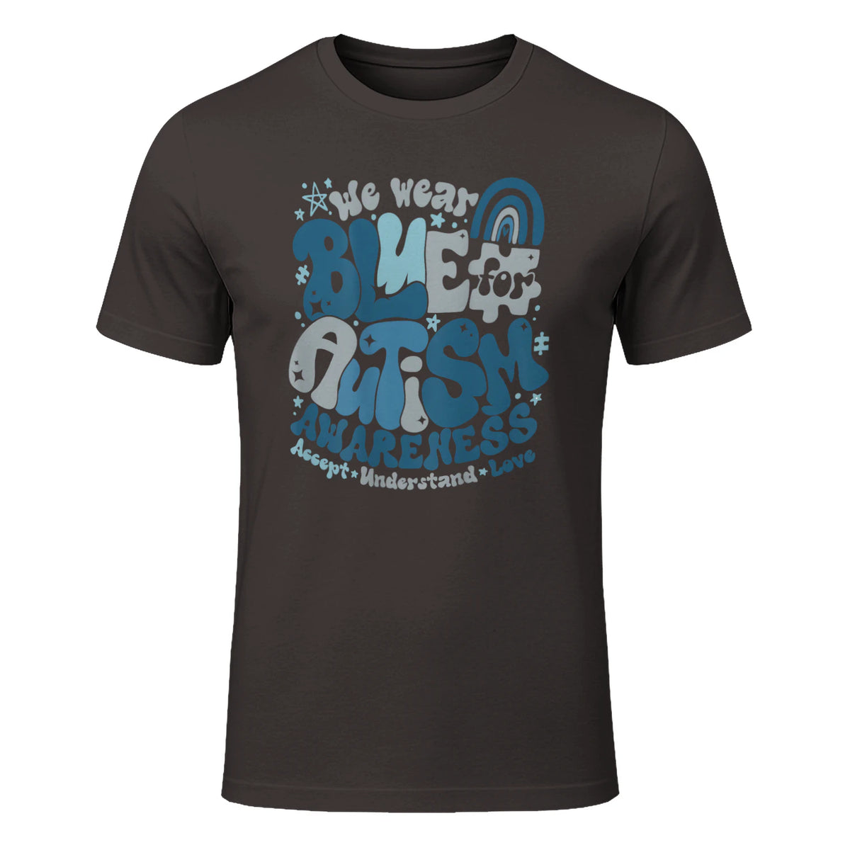 In April We Wear Blue Autism Awareness T-Shirt in Dark Chocolate - front view