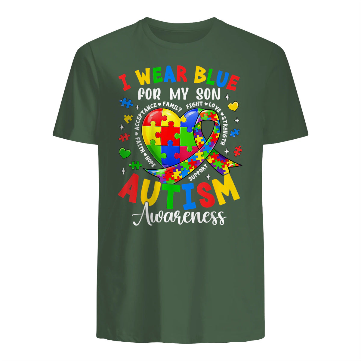 I Wear Blue for My Son Autism Awareness for Women Autism Mom in Military Green - back view