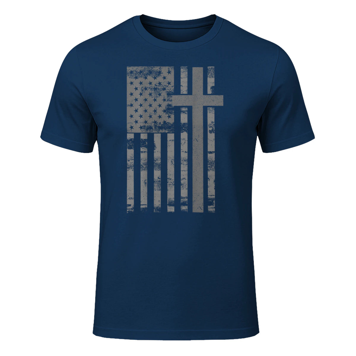 (Art) American Flag Christian Faith Cross Patriotic T-Shirt in Navy - front view