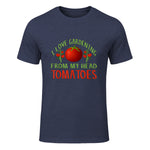 I Love Gardening From My Head Tomatoes Funny T-Shirt in Heather Navy - front view