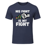 Autism His Fight is My Fight ASD Awareness Dad Mom Men Women in Heather Navy - front view