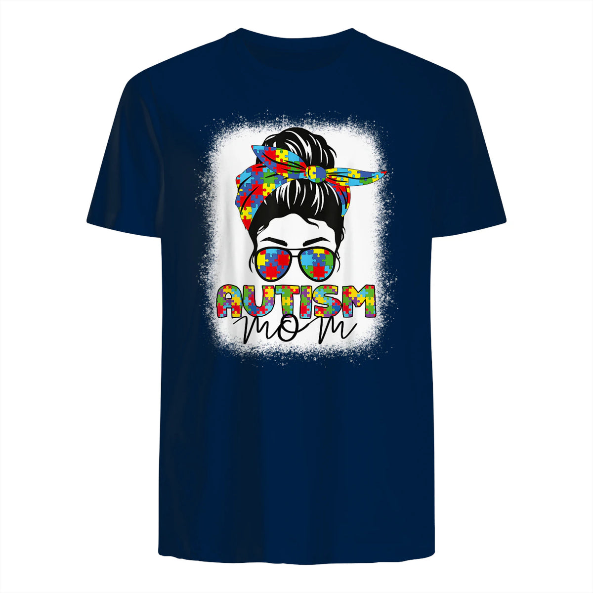 Autism Mom Life Messy Bun T-Shirt in Navy - back view