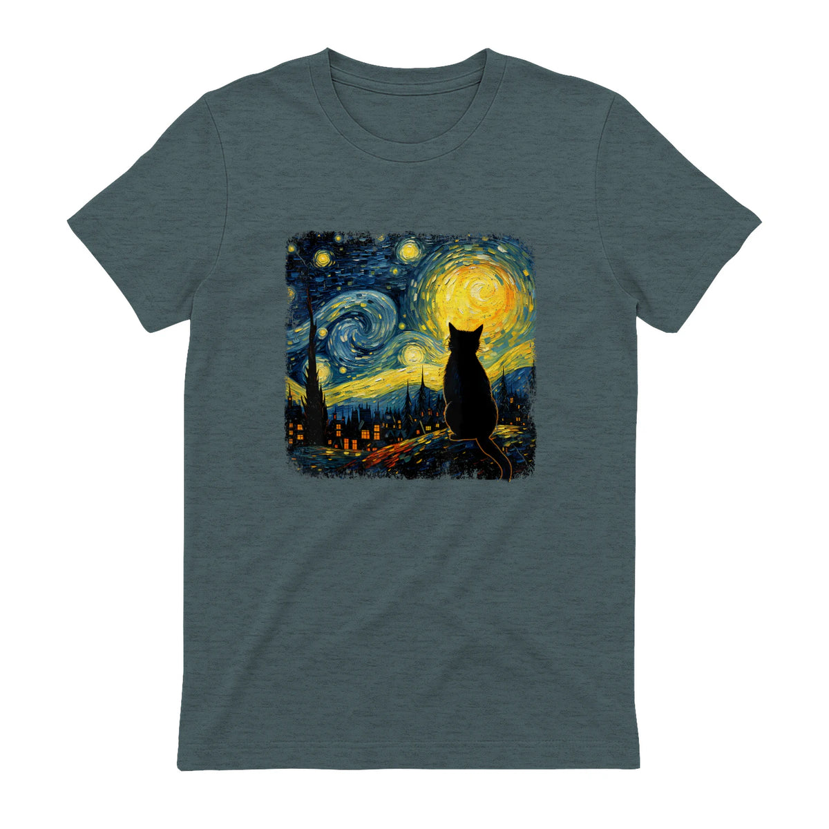 Starry Night Cat Lover T-Shirt in Dark Heather - back view