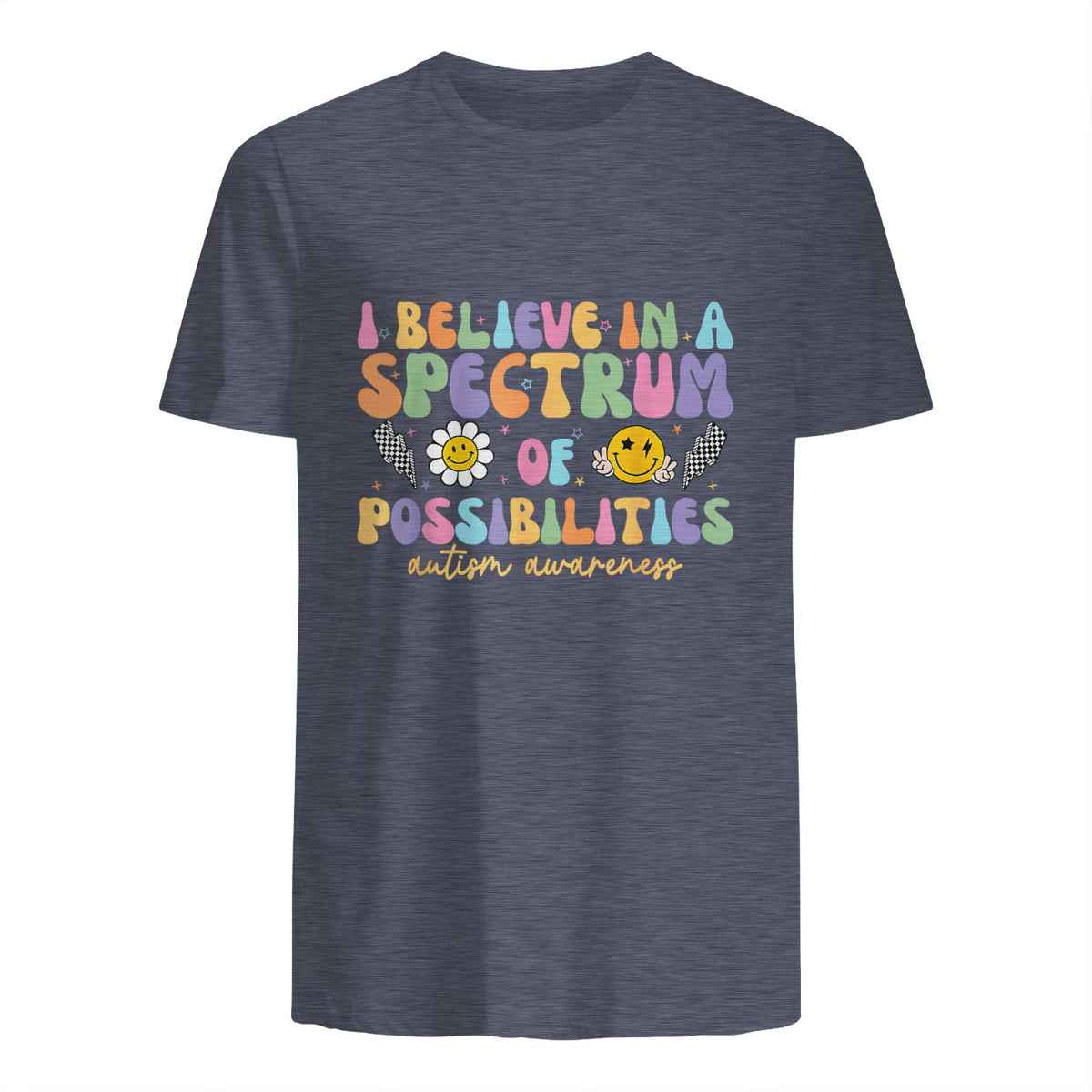 I Believe in A Spectrum of Possibilities Autism Awareness in Heather Navy - back view