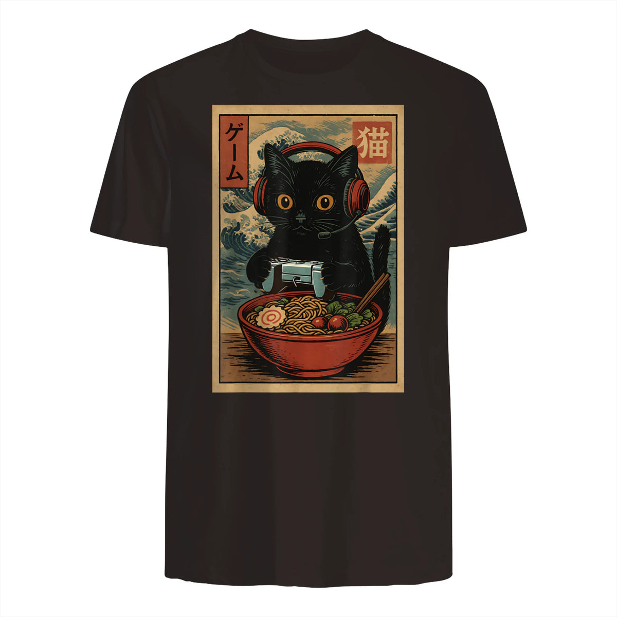Cute Kawaii Gamer Cat Funny Ramen Retro Japanese Cat Gaming T-Shirt in Dark Chocolate - back view