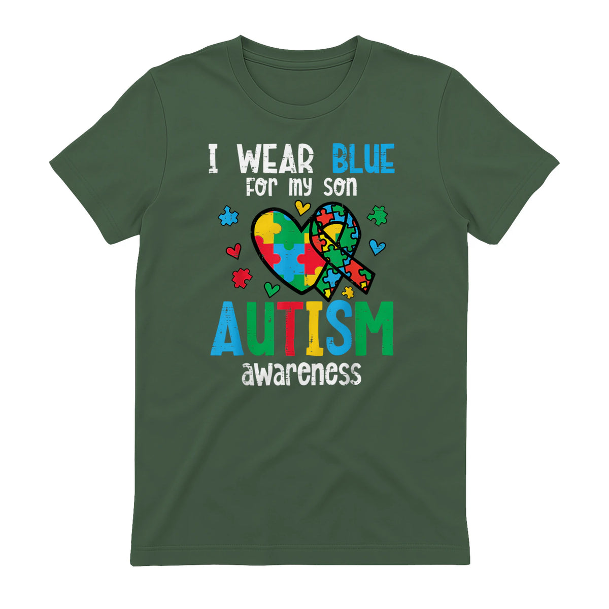 Autism Awareness Wear Blue for My Son ASD Mom Dad Men Women in Military Green - back view