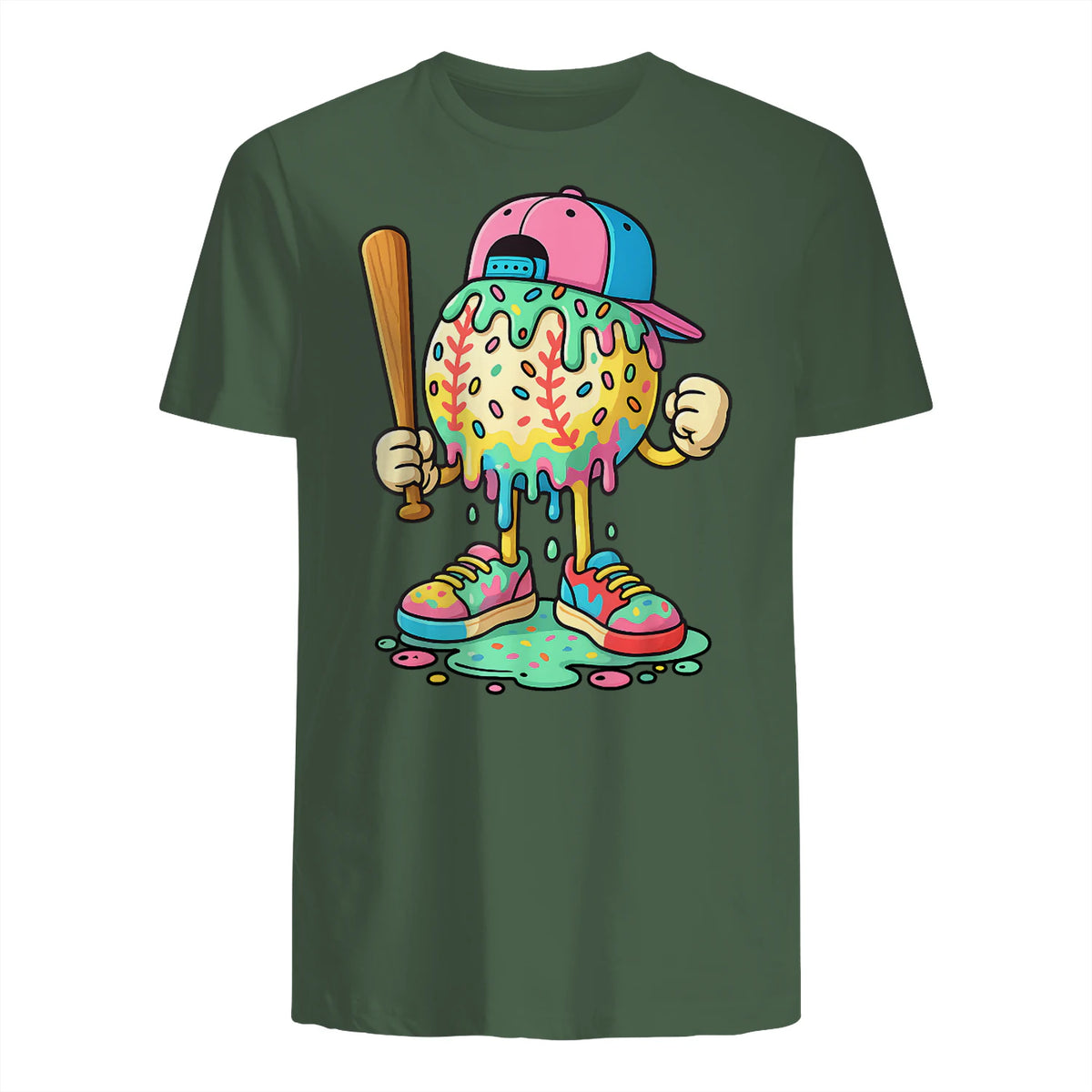 Baseball Drip for Boys Ice Cream Drip Baseball Sport T-Shirt in Military Green - back view