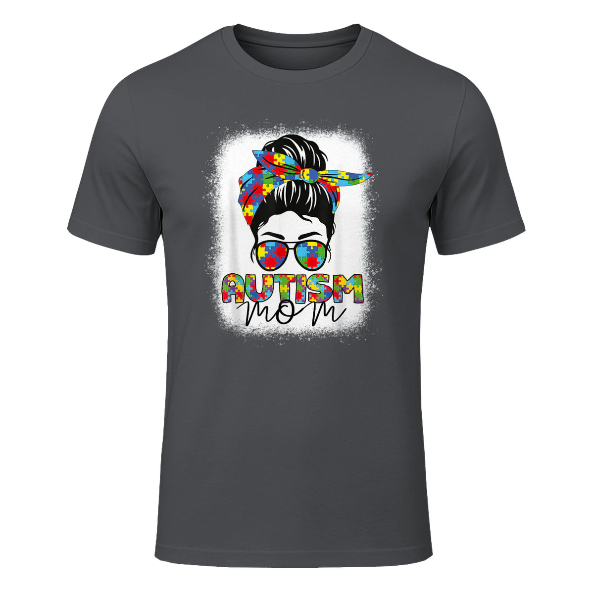 Autism Mom Life Messy Bun T-Shirt in Charcoal - front view