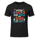 Autism Rocks Rolls Spins Flaps Awareness Boys Kids Women Men in Black - front view