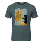 Funny Cat & Sunflowers Van Gogh Art Parody Vintage T-Shirt in Dark Heather - front view