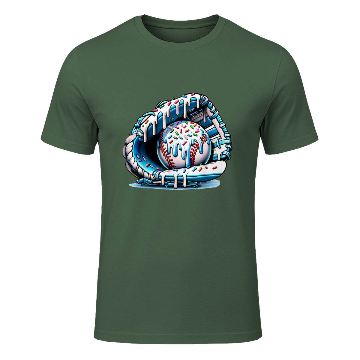 Baseball Drip Ice Cream Sprinkles Baseball Glove T-Shirt in Military Green - front view