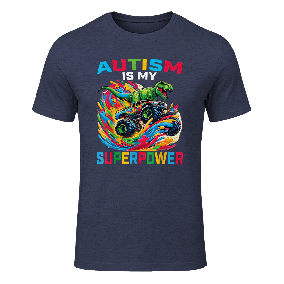 Autism is My Superpower Dino T Rex Monster Truck Kids Boys in Heather Navy - front view