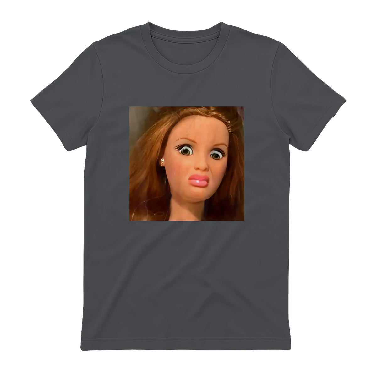 Funny Doll Face Meme Expression Hilarious Sarcastic in Charcoal - back view