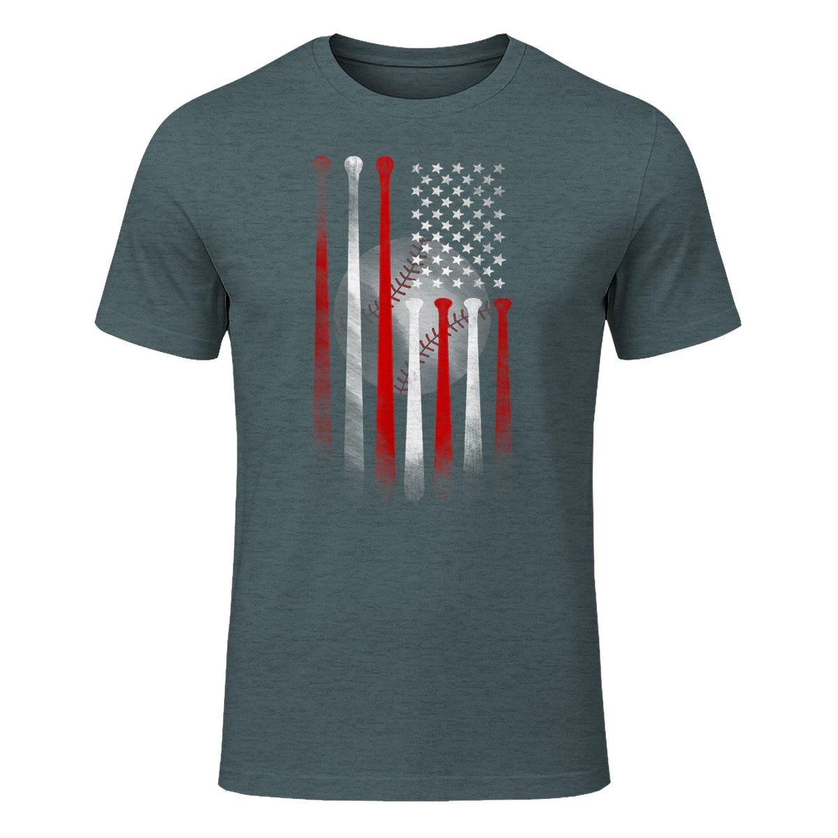Vintage Baseball American Flag T-Shirt, Classic Fit Black Tee for Dad and Mom in Dark Heather - front view