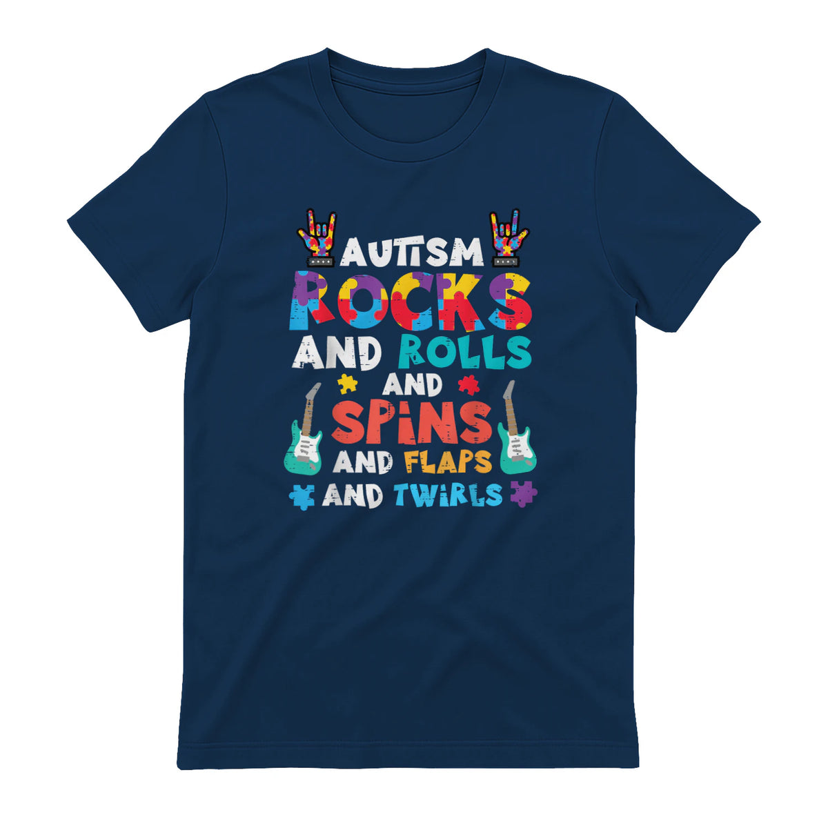 Autism Rocks Rolls Spins Flaps Awareness Boys Kids Women Men in Navy - back view