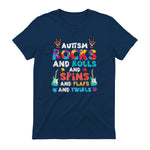 Autism Rocks Rolls Spins Flaps Awareness Boys Kids Women Men in Navy - back view