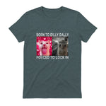 Born to Dilly Dally Forced to Lock in Cat Meme T-Shirt in Dark Heather - back view