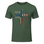 USA Flag Religious Quote Fourth of July Christian Faith T-Shirt in Military Green - front view