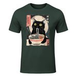 Kawaii Cat Eating Ramen Noodles Funny Anime Gift Girls Teens T-Shirt in Forest Green - front view