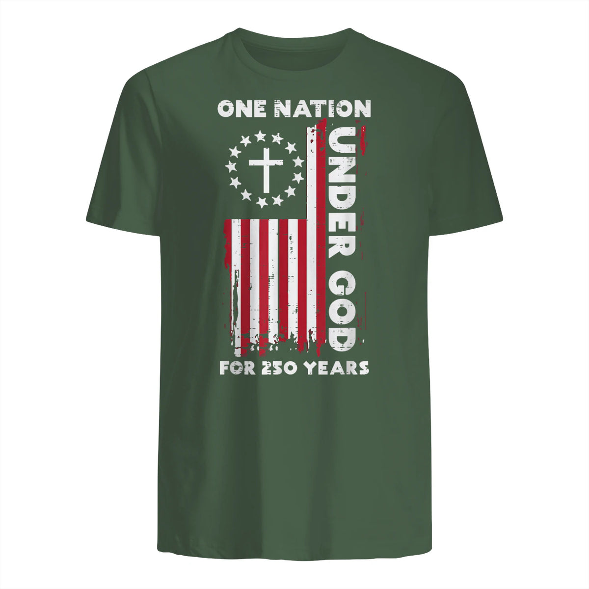 Christian American Flag Anniversary T-Shirt in Military Green - back view