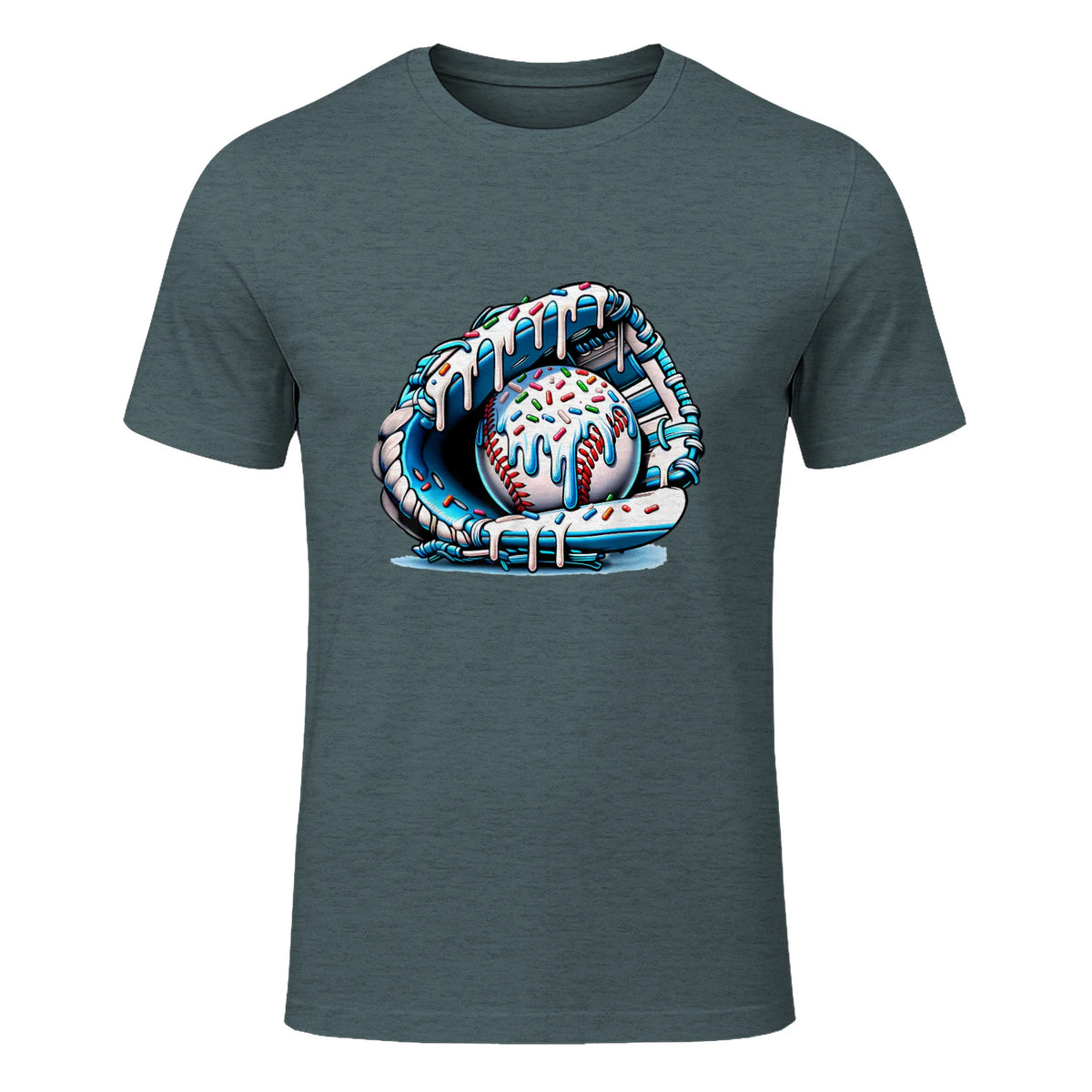 Baseball Drip Ice Cream Sprinkles Baseball Glove T-Shirt in Dark Heather - front view