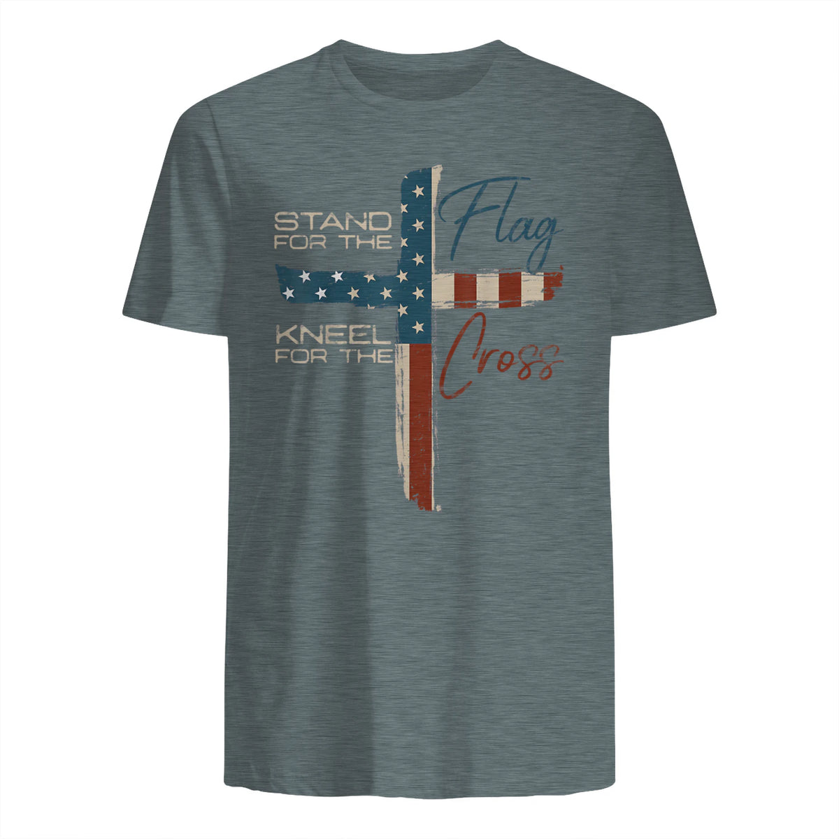 USA Flag Religious Quote Fourth of July Christian Faith T-Shirt in Dark Heather - back view