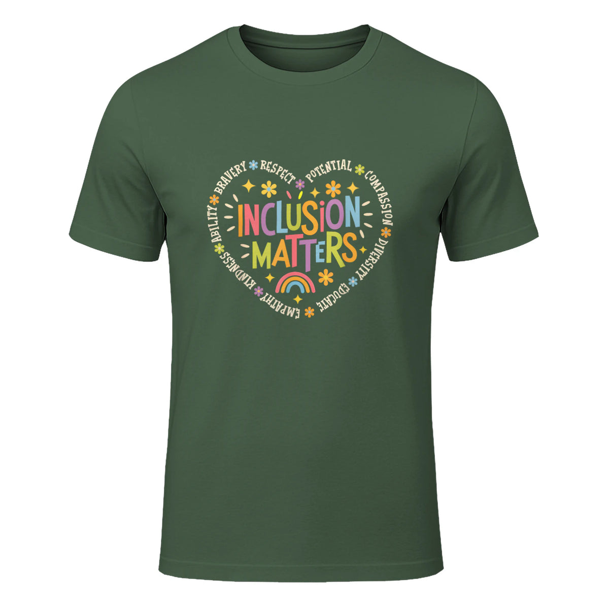 Inclusion Matters Special Education Teacher Autism Awareness in Military Green - front view