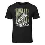 Fishing Camo Bass Fish American Flag Men's Fisherman Gift T-Shirt in Black - front view
