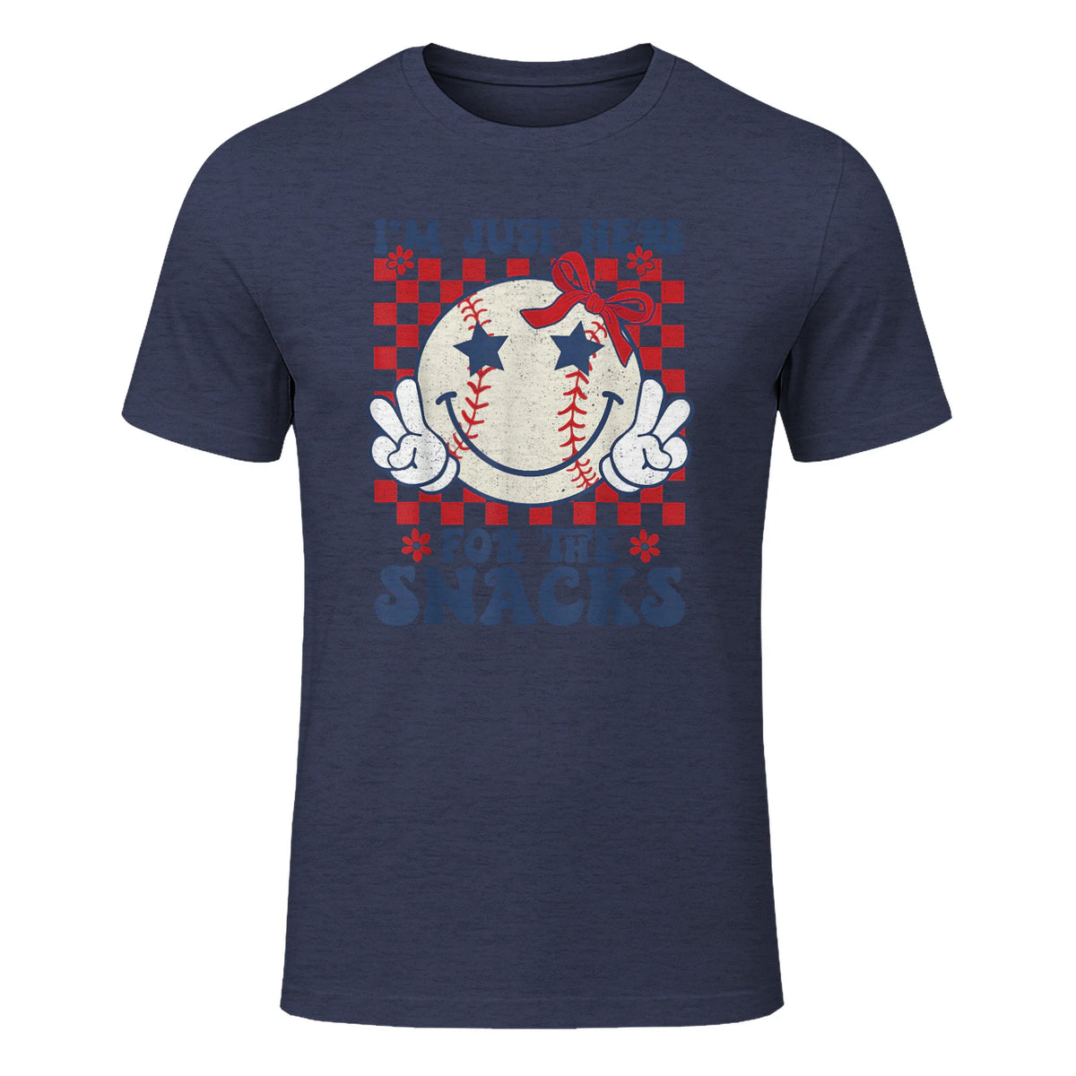 Retro Baseball Sister I'm Just Here for The Snacks Girls Mom T-Shirt in Heather Navy - front view