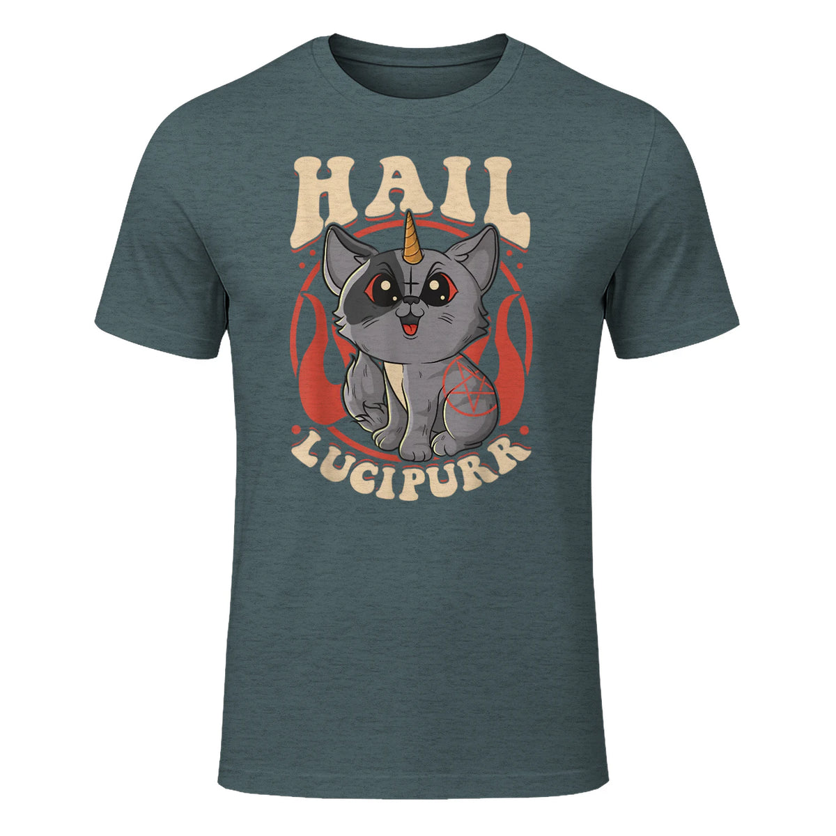 Cute & Funny Satanic Hail Lucipurr Rainbow Kitty Goth in Dark Heather - front view