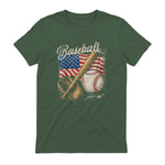 American Flag Baseball Player Bat Fan Catcher Pitcher USA T-Shirt in Military Green - back view