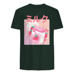 Funny Retro Nineties Japanese Kawaii Strawberry Milk Shake Carton T-Shirt in Forest Green - back view