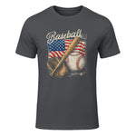 American Flag Baseball Player Bat Fan Catcher Pitcher USA T-Shirt in Charcoal - front view