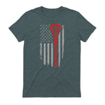 Vintage American Flag Lacrosse Youth Apparel, Boys Men USA T-Shirt in Dark Heather - back view