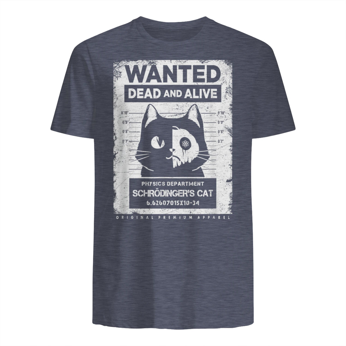 Schrödinger's Cat Wanted Dead And Alive Physics Physicist T-Shirt in Heather Navy - back view